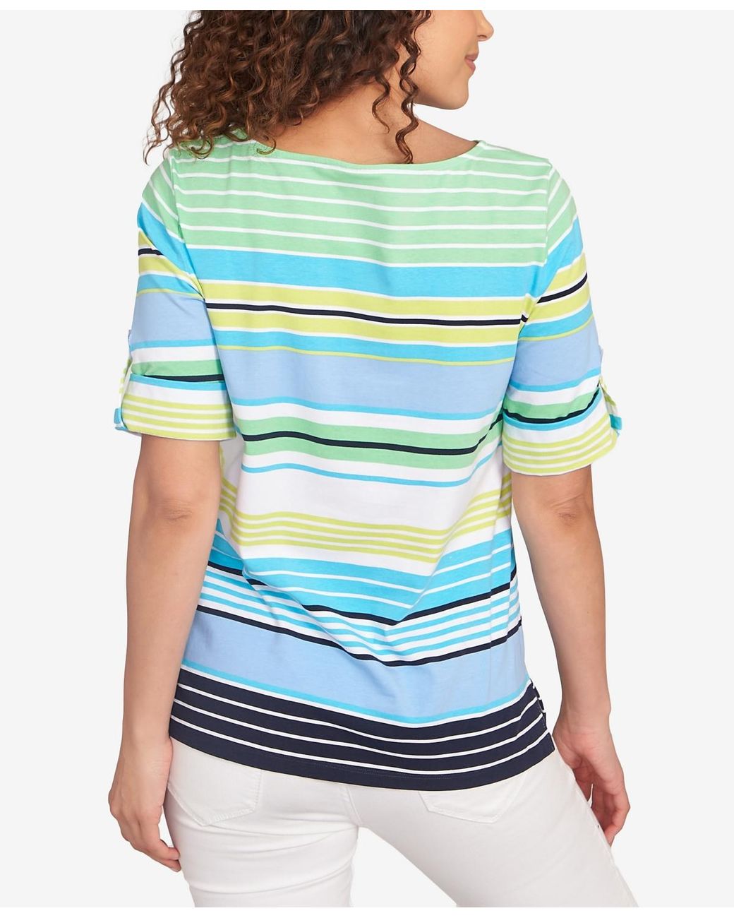 Ruby Rd. Petite Multi Stripe Roll Tab Sleeve T Shirt in Blue | Lyst
