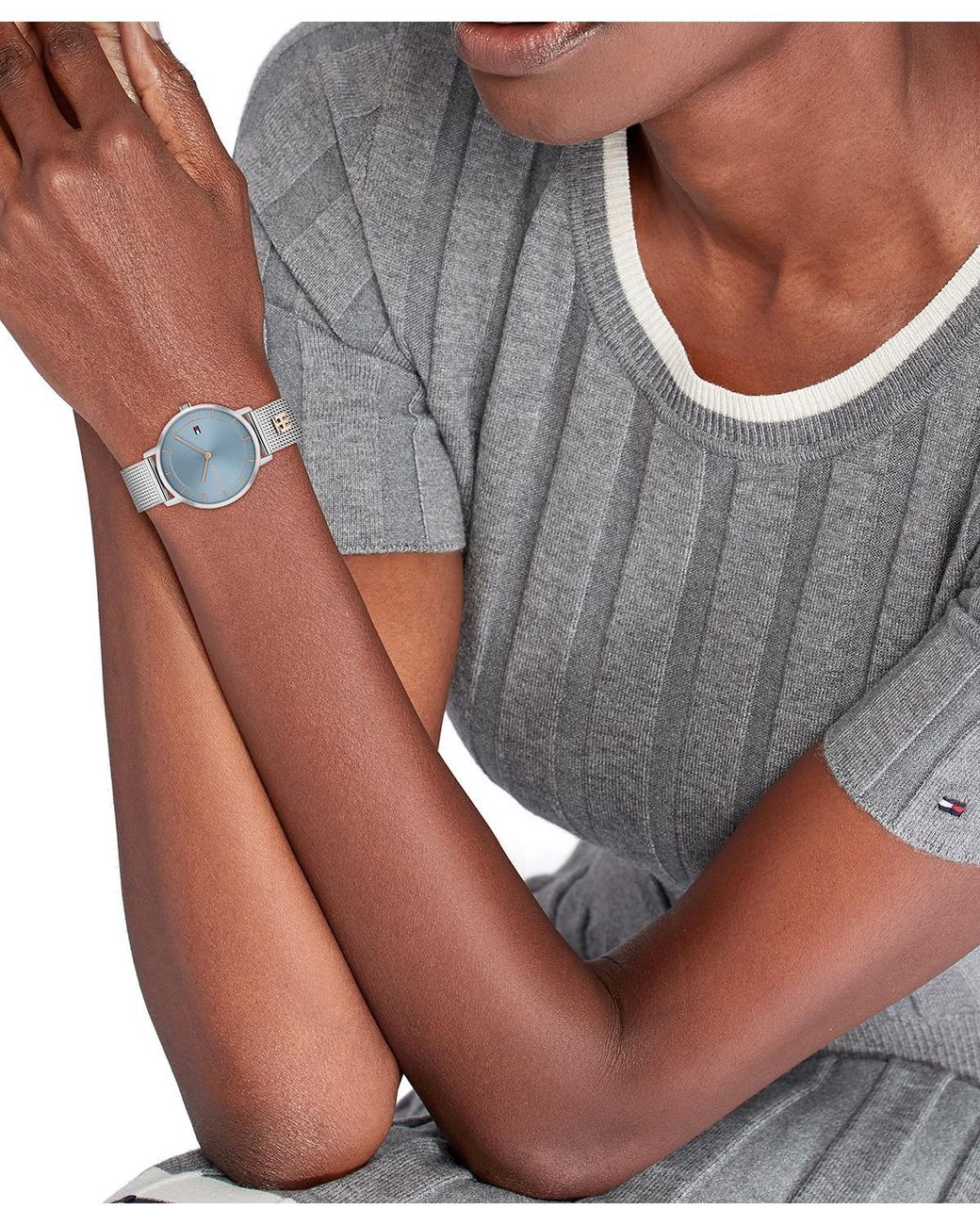 Tommy Hilfiger Blue Quartz -tone Stainless Steel And Carnation Gold Steel Mesh Bracelet Watch 35mm