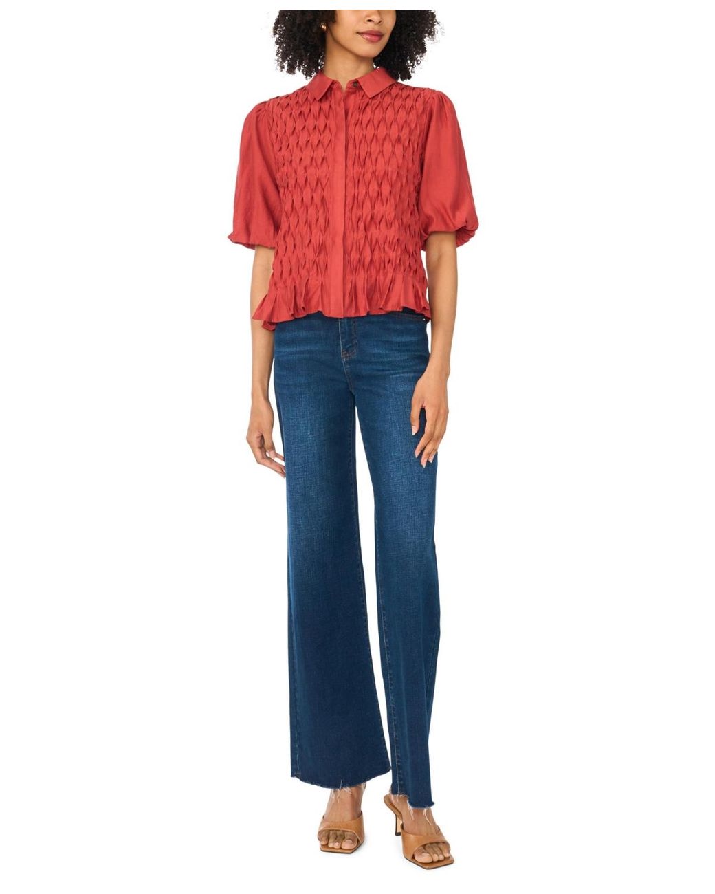 Vince Camuto Collared Button-front Bubble-sleeve Blouse