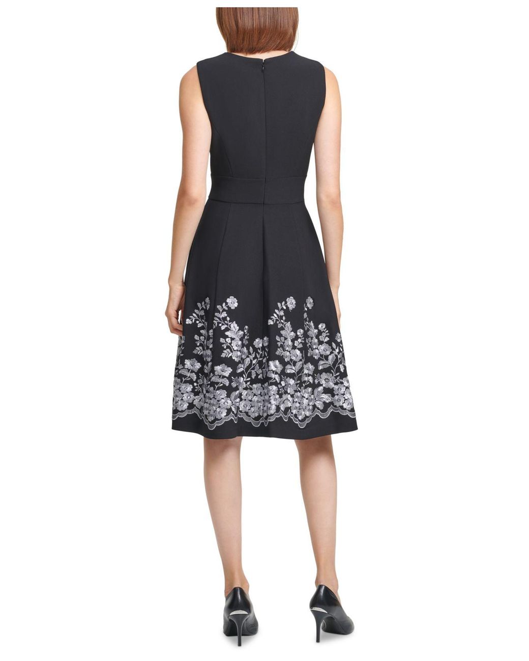 Calvin Klein Petite Embroidered Fit & Flare Dress in Black | Lyst