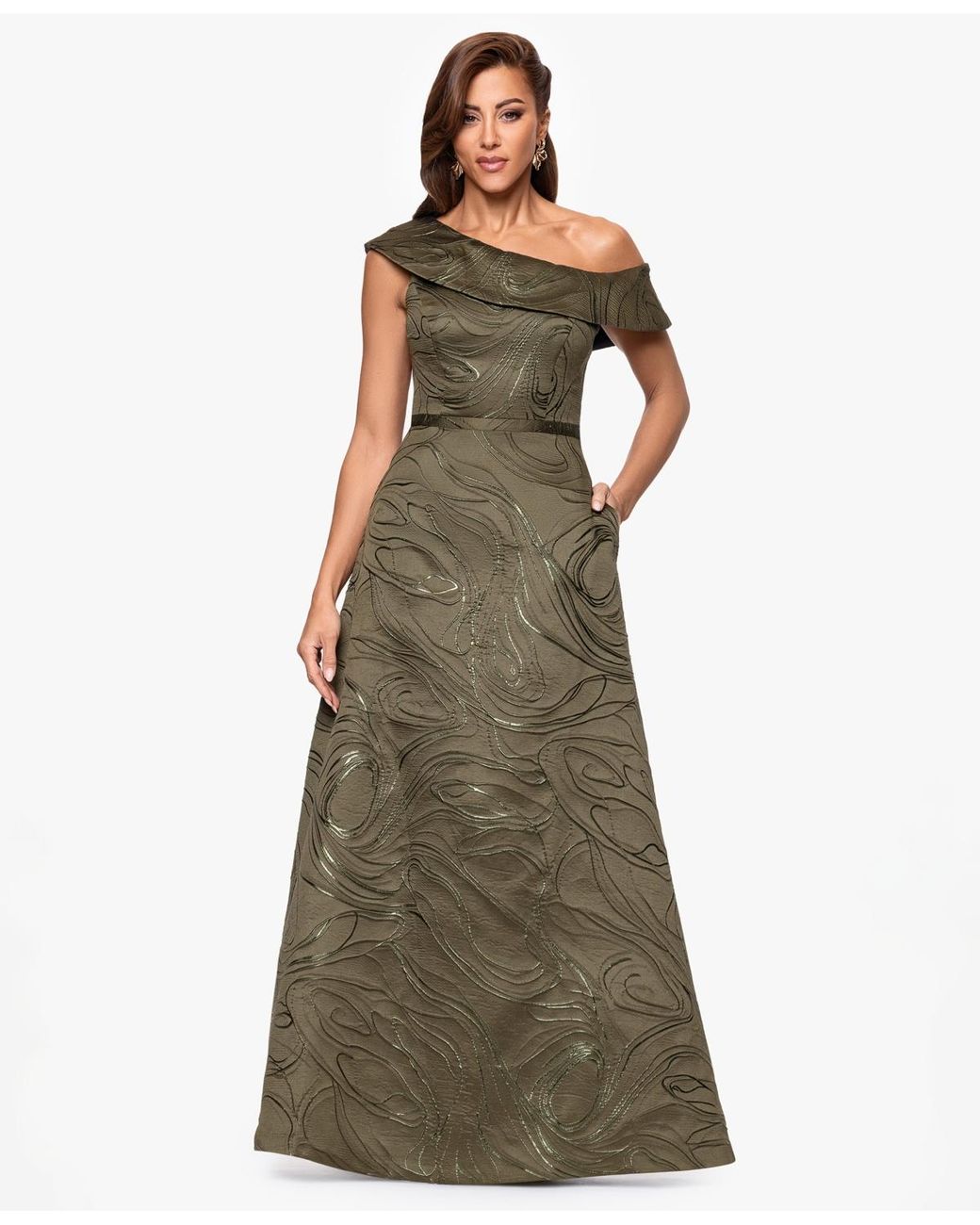 Xscape Jacquard One-shoulder Long Dress in Green | Lyst Xscape Jacquard One-shoulder Long Dress in Green | Lyst