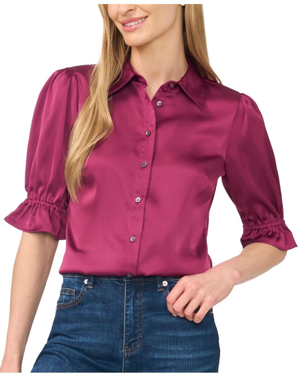 Cece Collared Balloon 3/4-sleeve Button-front Blouse