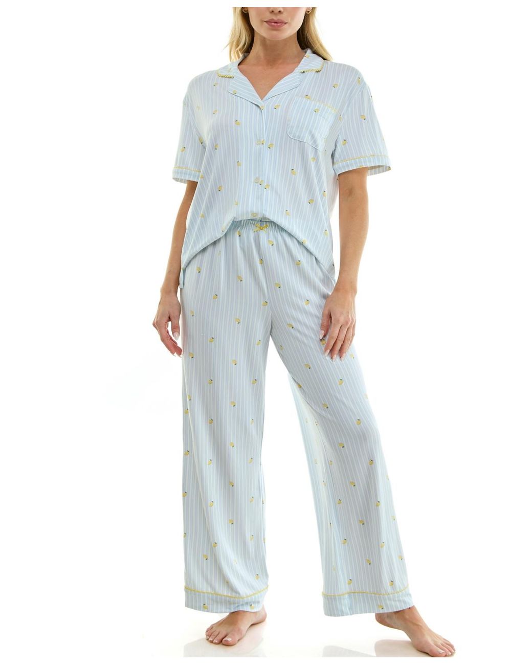 Jaclyn Intimates Notch Collared Top And Pajama Pants in Blue | Lyst