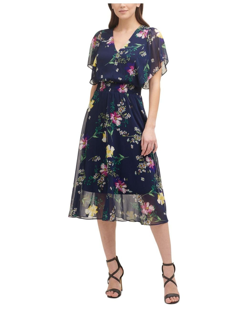 DKNY Chiffon Floral-print Smocked-waist Flutter-sleeve Midi Dress in ...
