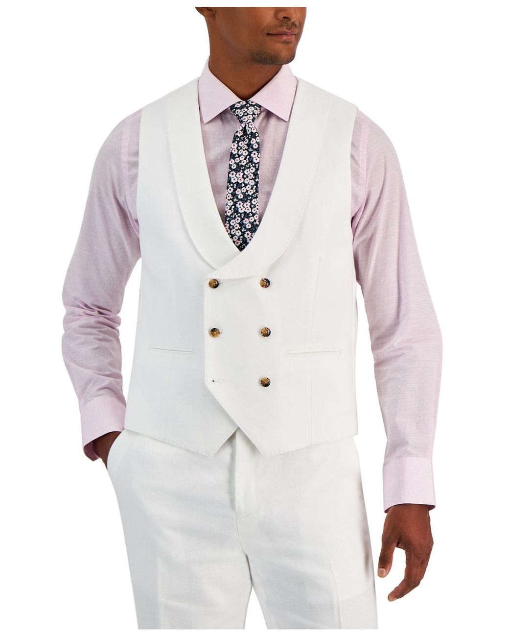 Tayion Collection Classicfit Doublebreasted Linen Suit Vest in White