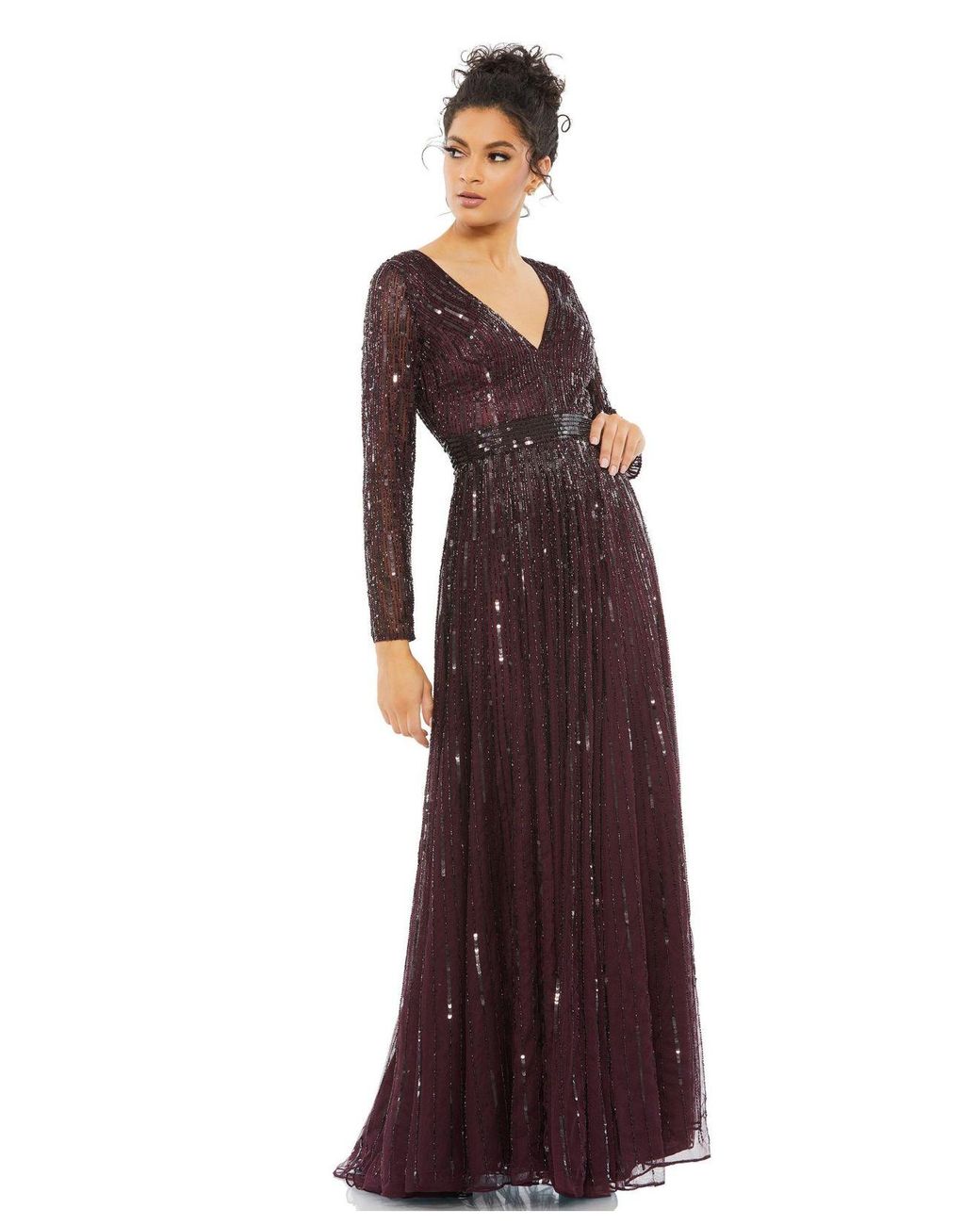 Mac Duggal Sequined V Neck Illusion Sleeve A Line Gown in Purple | Lyst