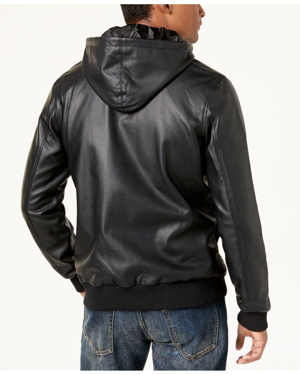 LRG Men s Faux leather Hooded Bomber Jacket in Black for Men