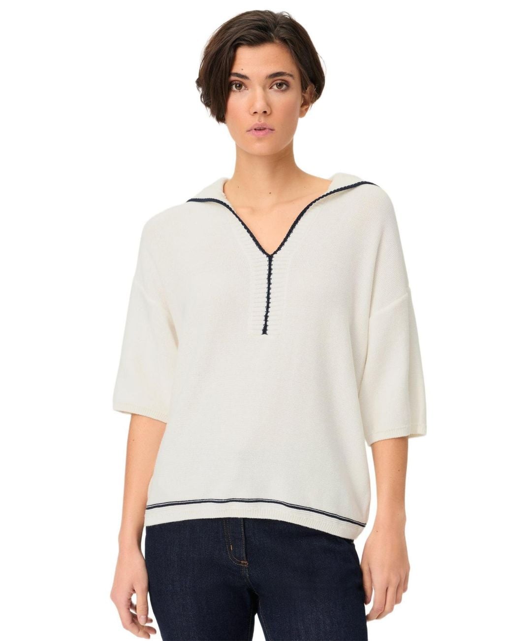 Olsen White Split-neck Polo Sweater