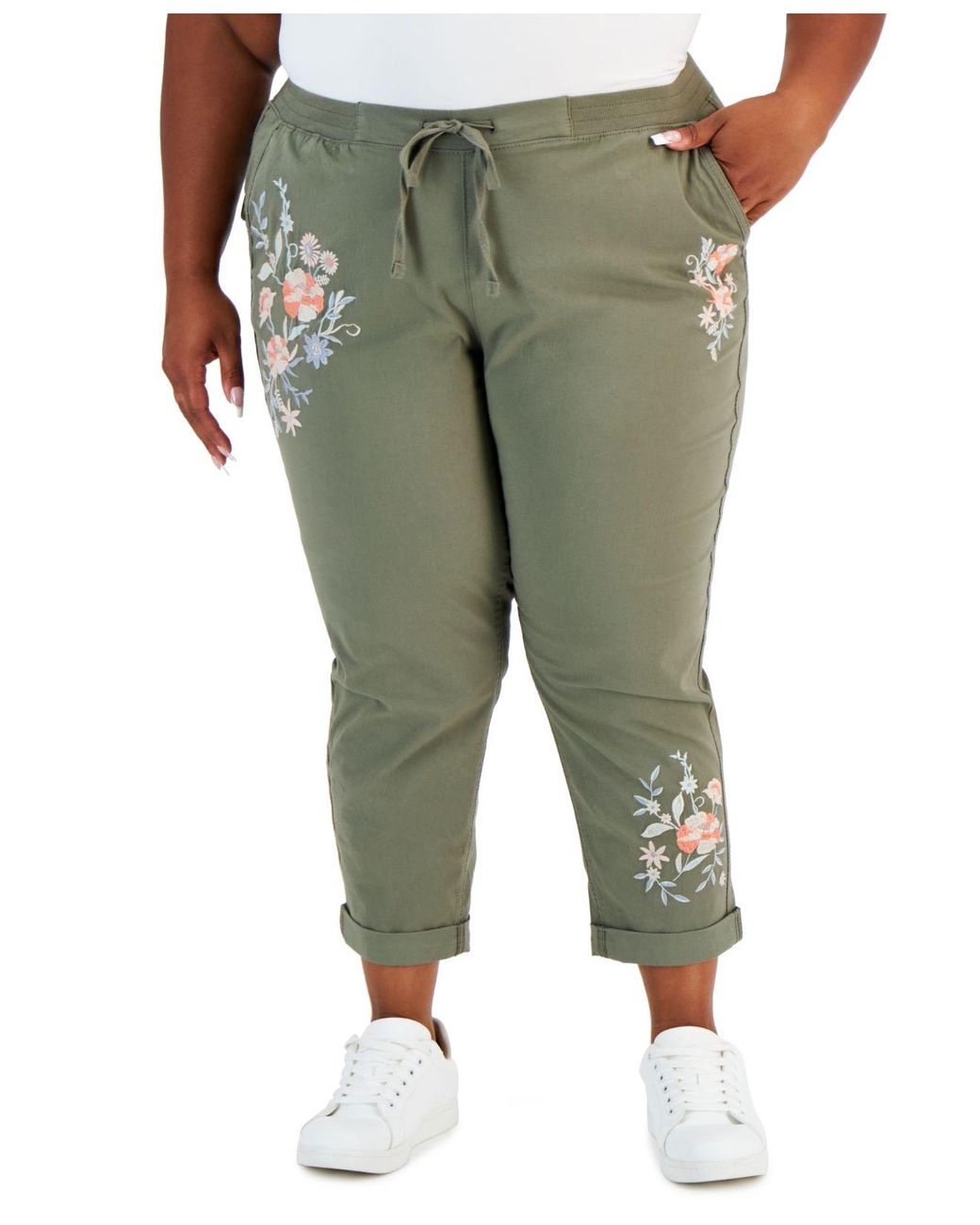 Style & Co. Plus Size Floral Embroidered Pants, Created For Macy's in Green