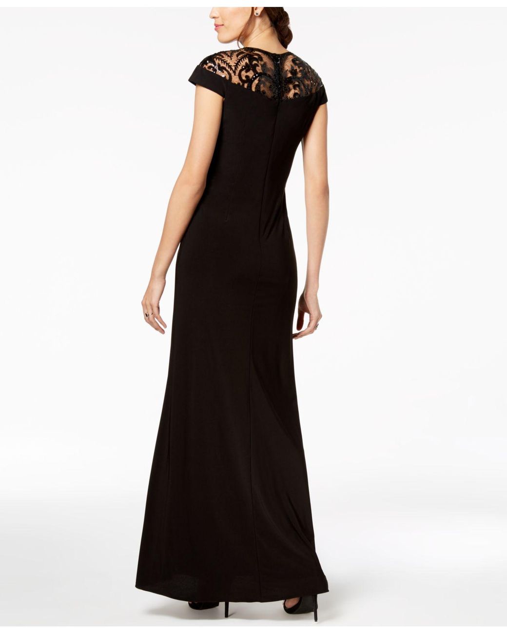 Adrianna Papell Papell Sequin Embellished Illusion-lace Gown in Black | Lyst