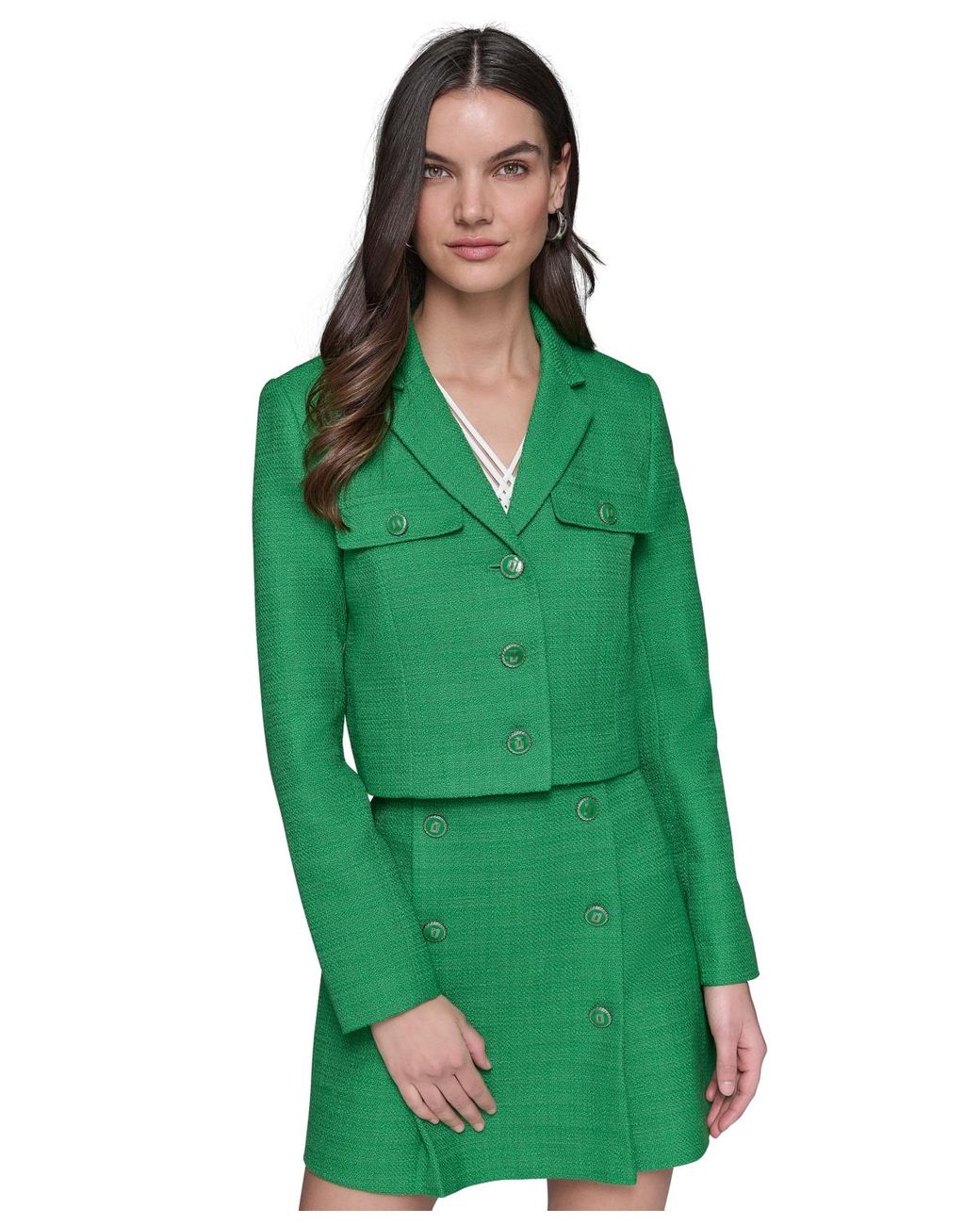Karl Lagerfeld Cropped Tweed Jacket in Green | Lyst