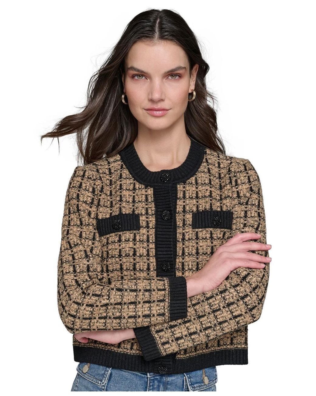 売れ筋商品|||カールラガーフェルド ニット&セーター アウター レディース Petite Striped Sleeveless Sweater Xsf-black/soft White Karl Lagerfeld Petite Checkered Cardigan Sweater in Black | Lyst