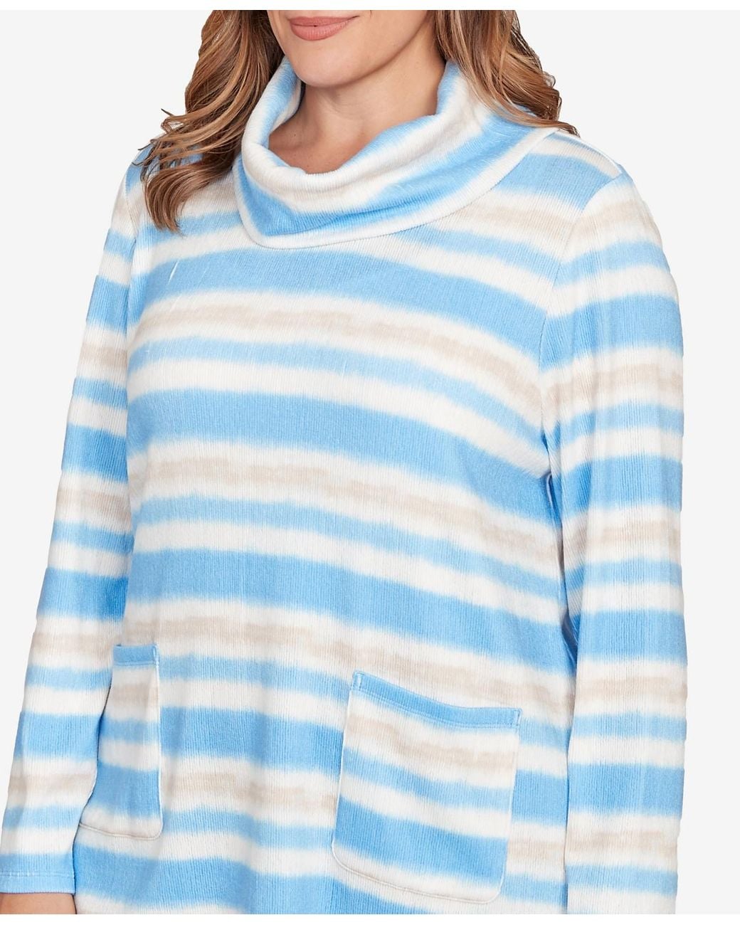 Ruby Rd Blue Plus Size Ribbed Stripe Patch Pocket Knit Top