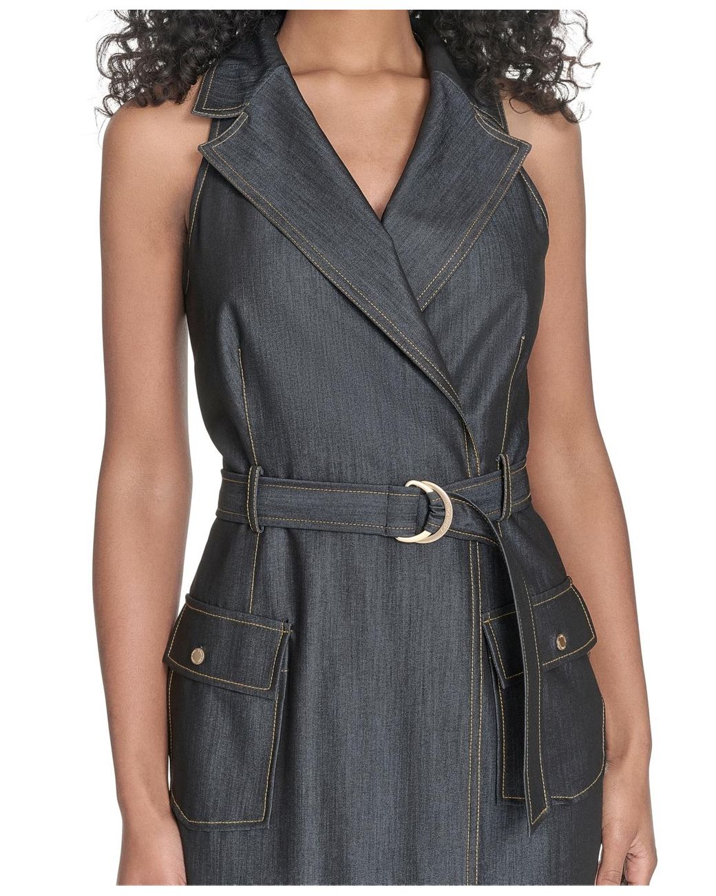 Calvin Klein Belted Denim Faux-wrap Dress in Blue | Lyst