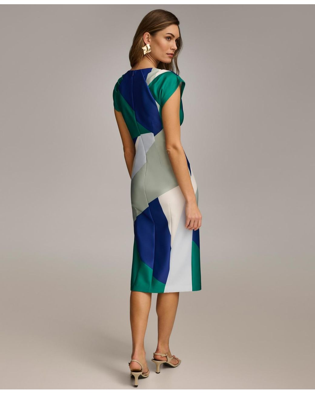 short sleeve boat neck color block scuba midi sheath dress Donna Karan Short Sleeve Boat Neck Abstract Print Color Block Scuba Midi Sheath Dress