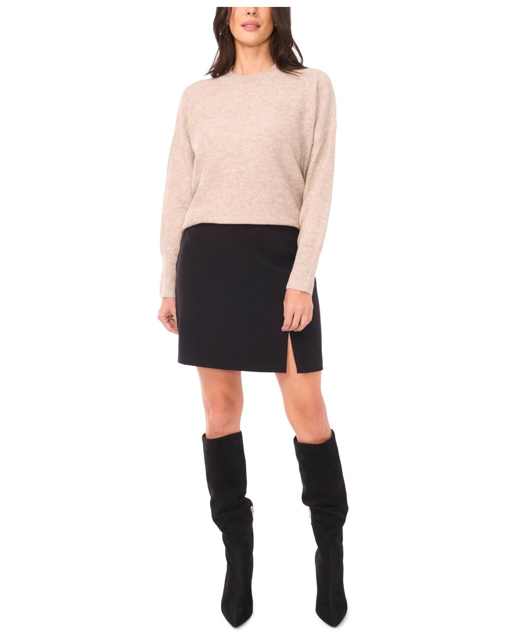 Vince Camuto Natural Sequin Long Sleeve Crewneck Sweater