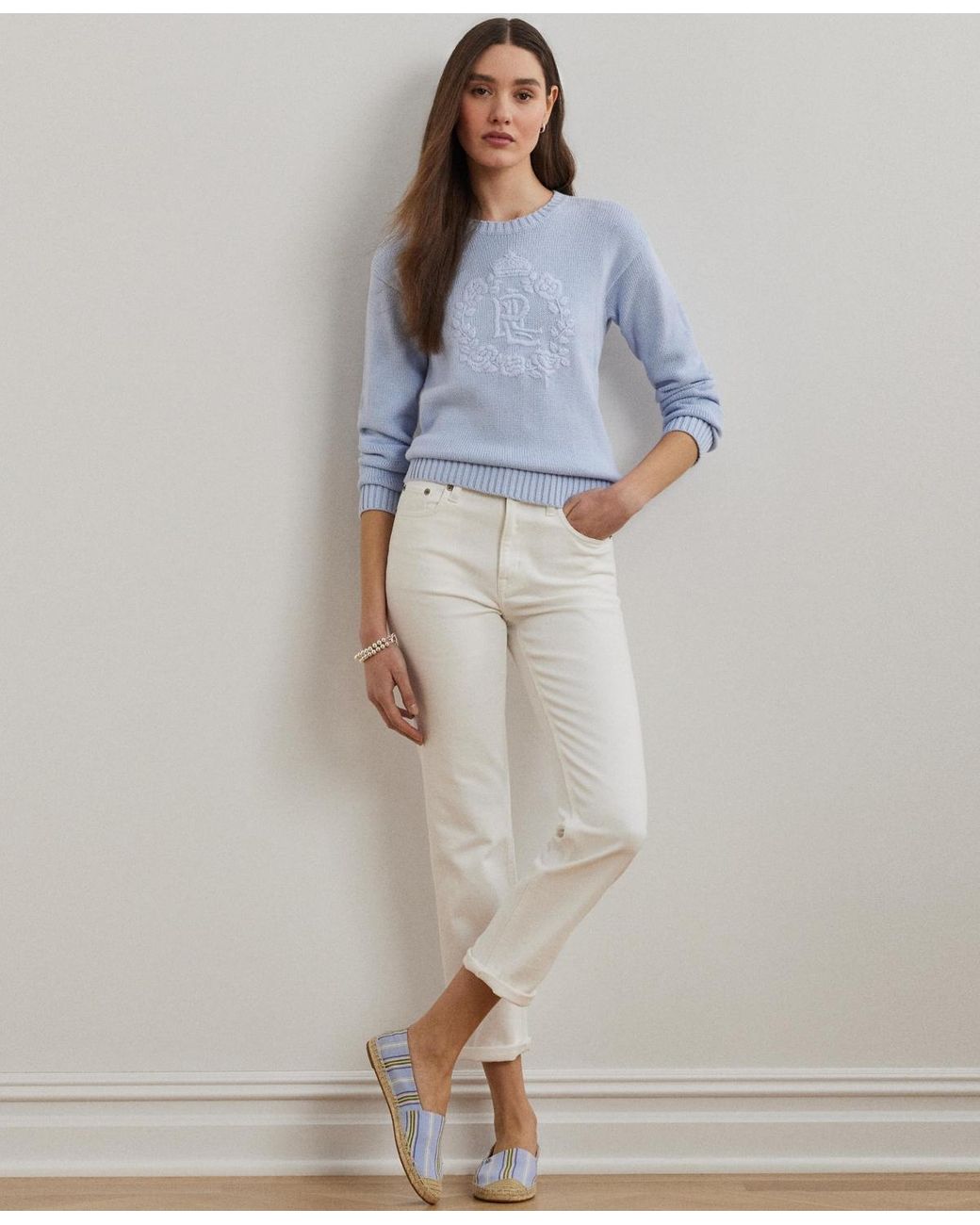 Ralph Lauren Floral-logo Combed Cotton Sweater in Blue | Lyst