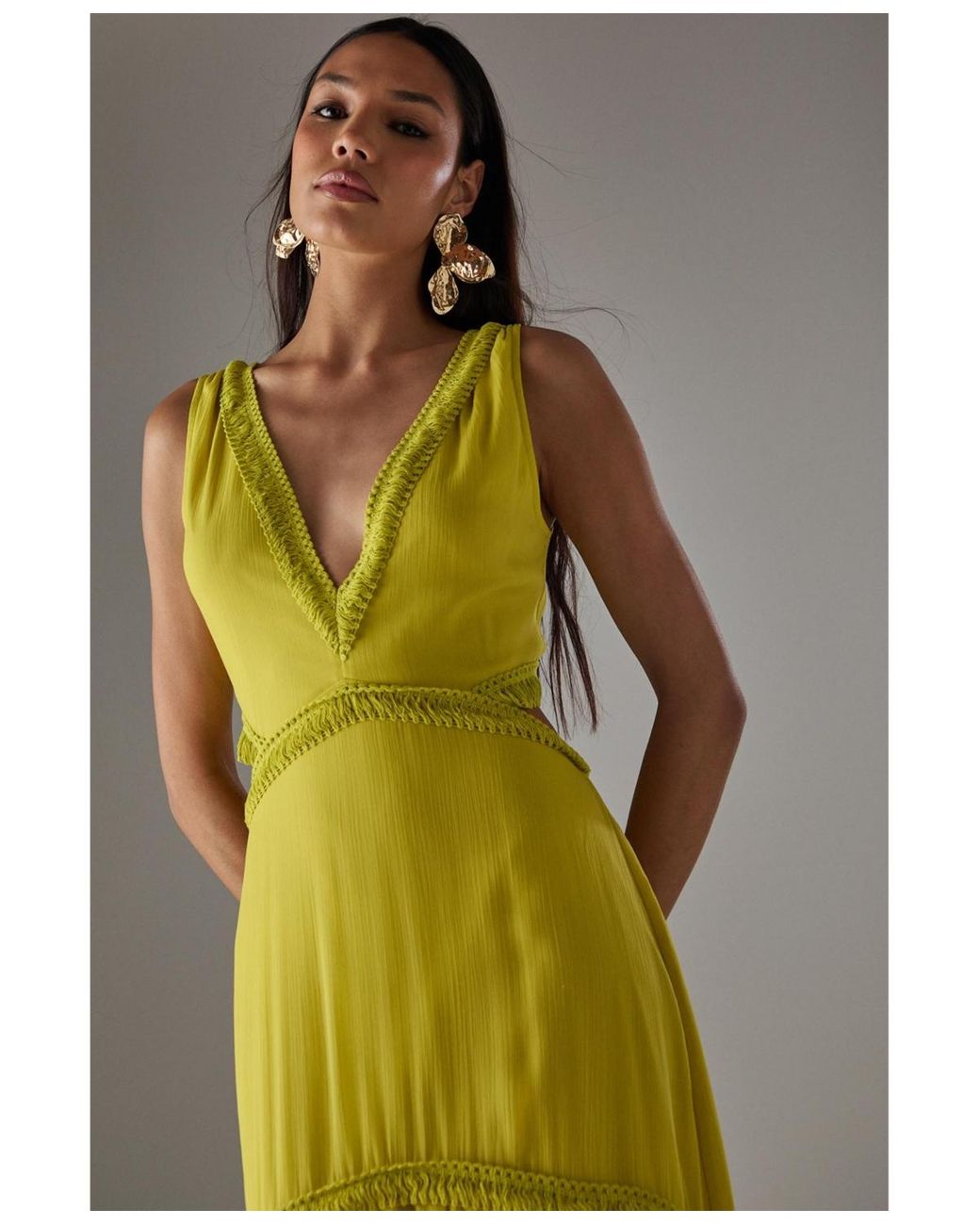 Warehouse Green Chiffon Fringe Trim Cut Out Maxi Dress