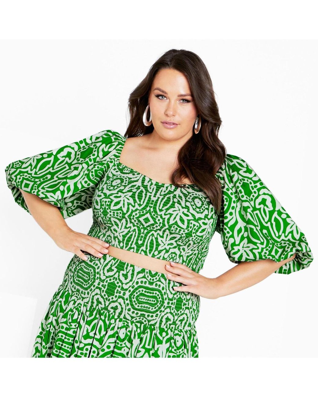 City Chic Plus Size Amari Puff Sleeve Fitted Top in Green | Lyst