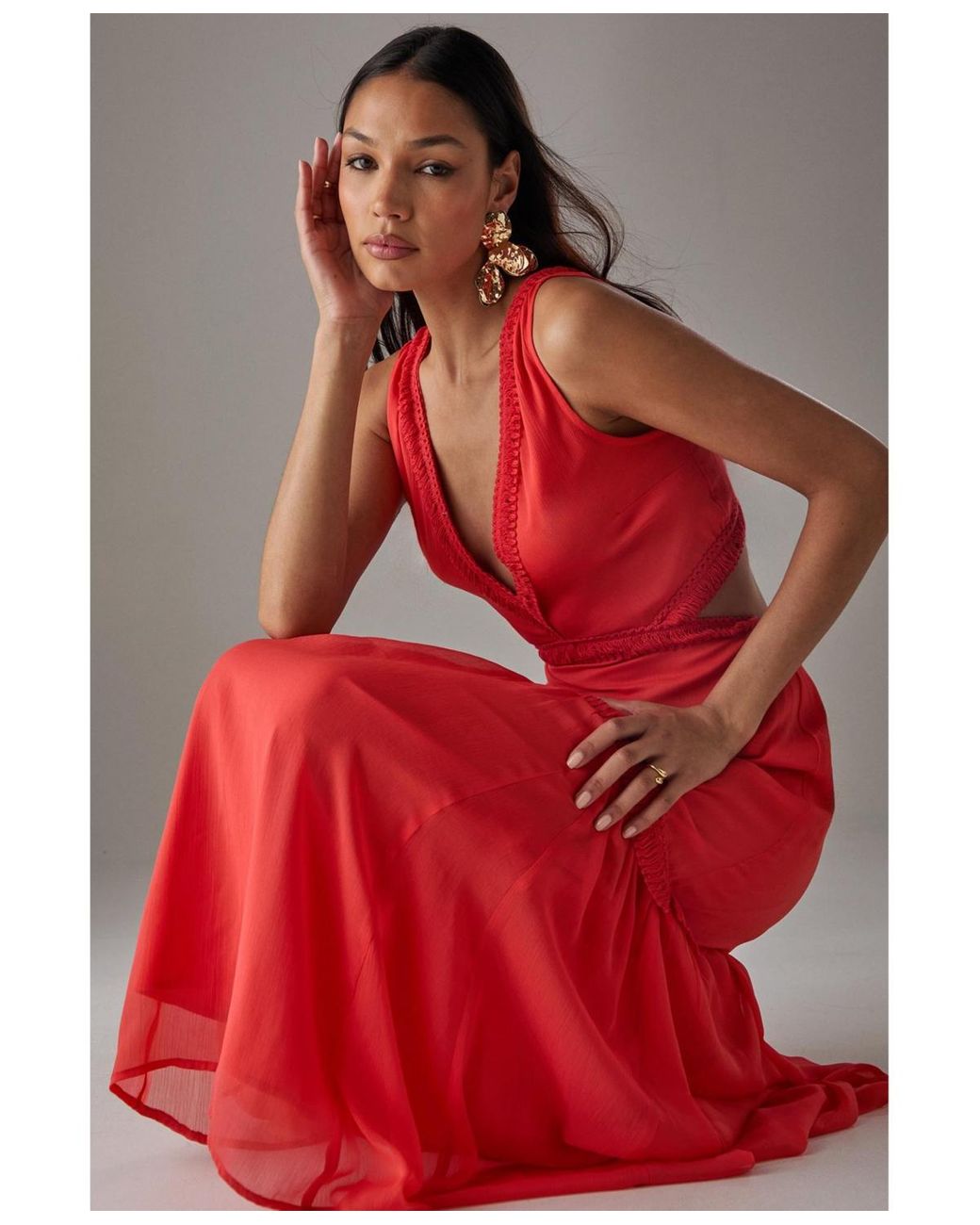 Warehouse Red Chiffon Fringe Trim Cut Out Maxi Dress