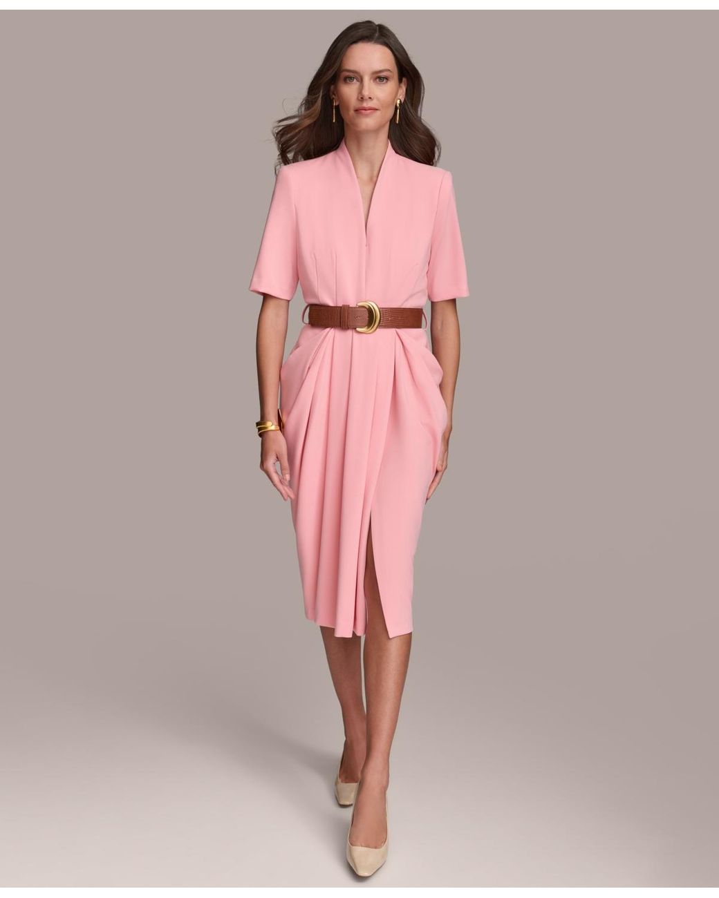【Donna Karan New York】V-Neck Belted Short-Sleeve Dress Donna Karan Donna Karan V-neck Belted Short-sleeve Dress in