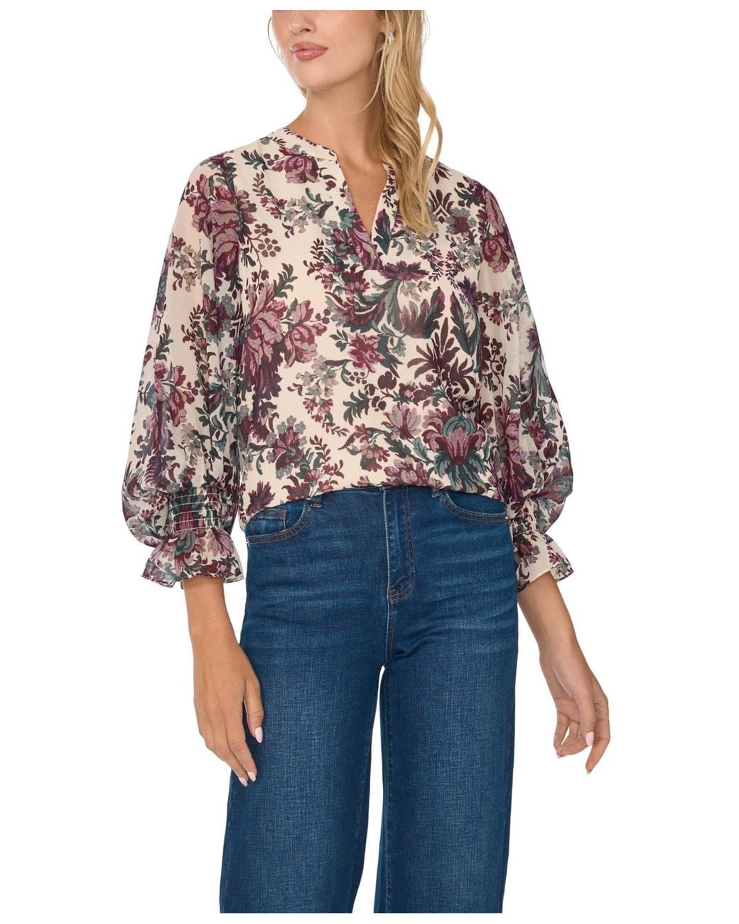Vince Camuto Split Neck Floral-print 3/4-sleeve Chiffon Blouse in Blue ...