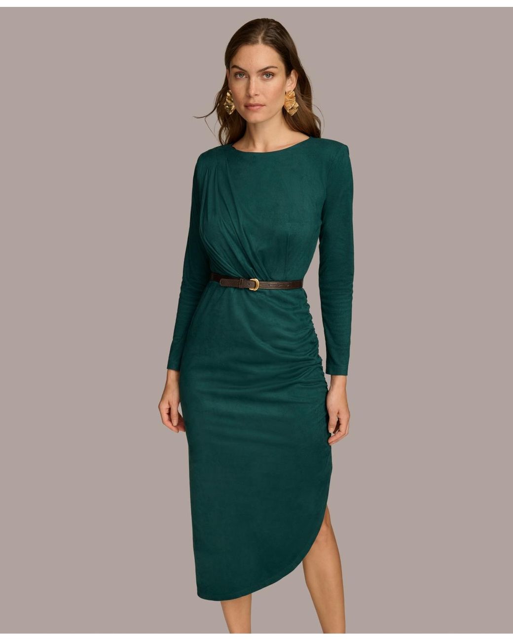 Donna Karan Boat-neck Side-shirred Dress in Green | Lyst