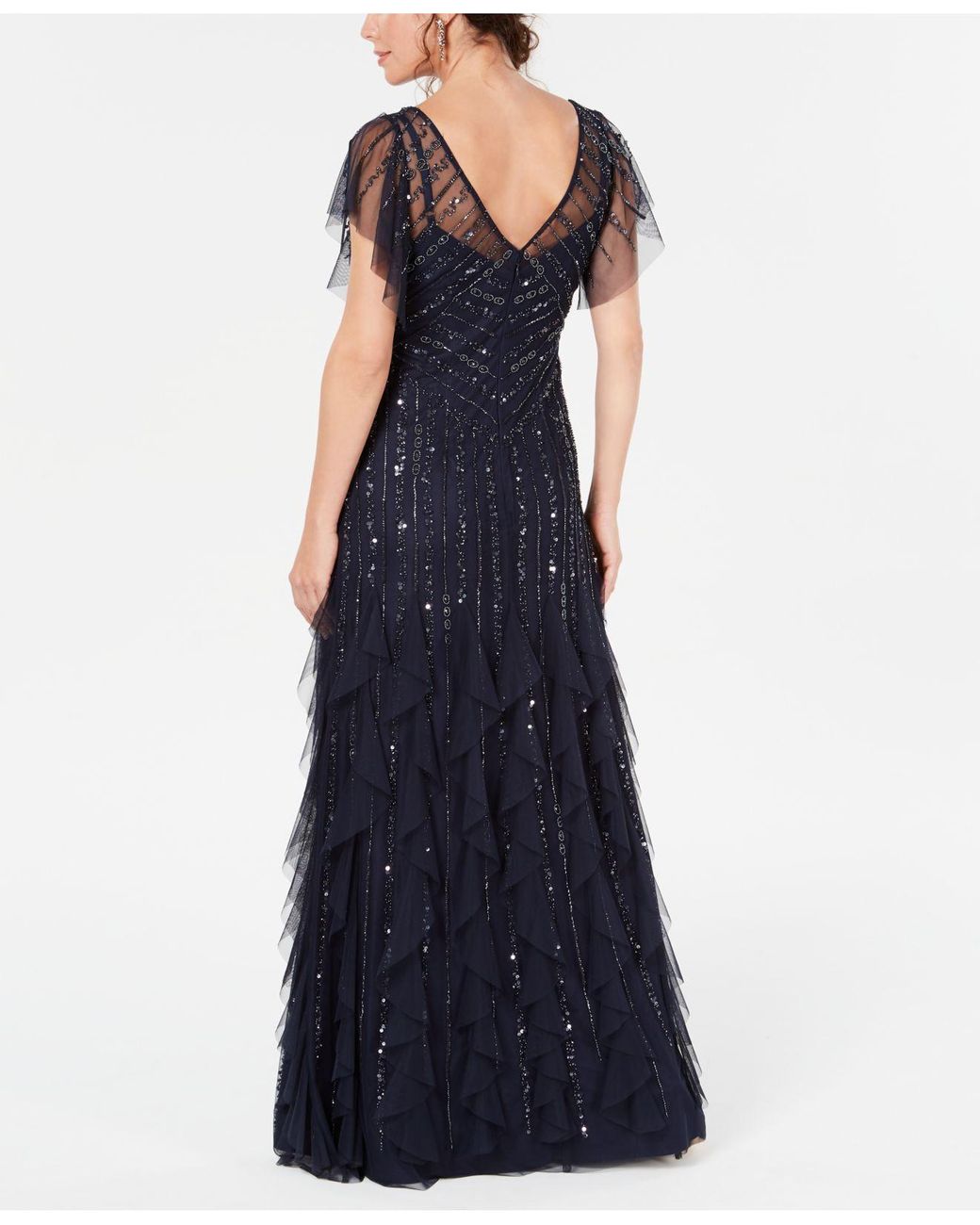 Adrianna Papell Flutter sleeve Beaded Gown in Blue Lyst