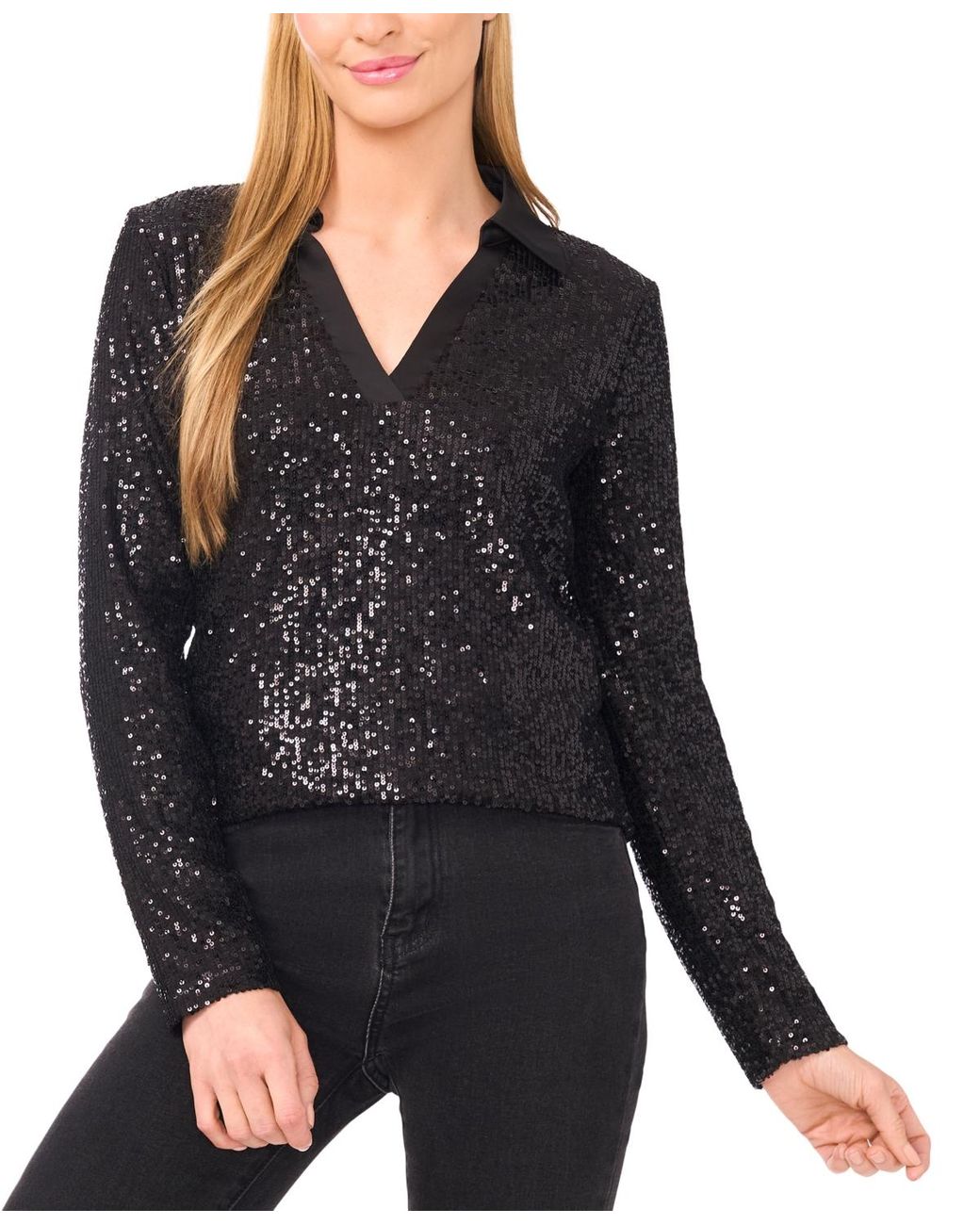 Cece Black Sequinned Long Sleeve Polo Top