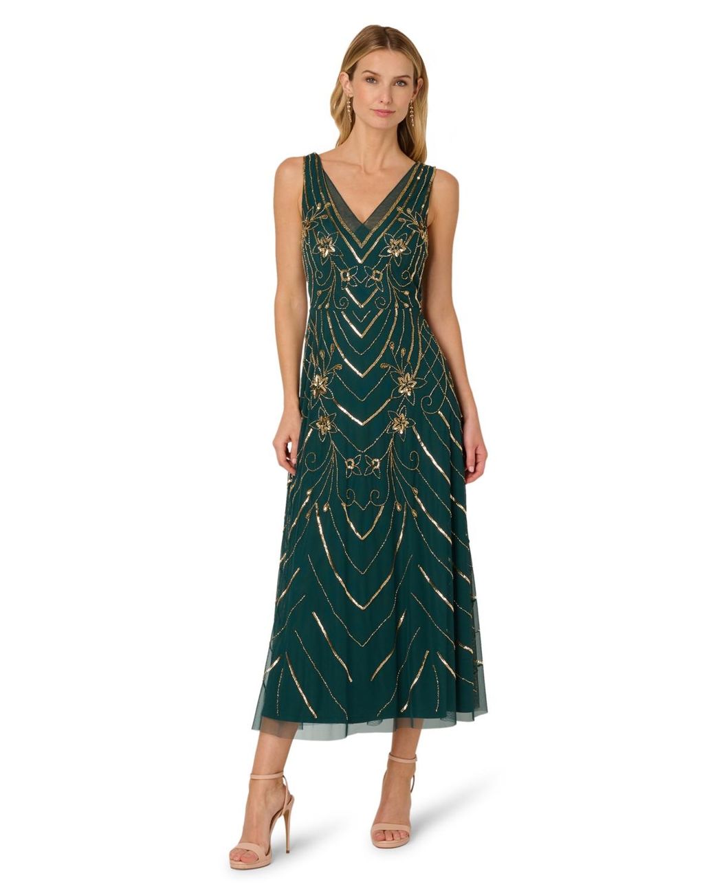 green emerald velvet dress Adrianna Papell AP1E202943 - Long Mesh A-Line Dress main image 1