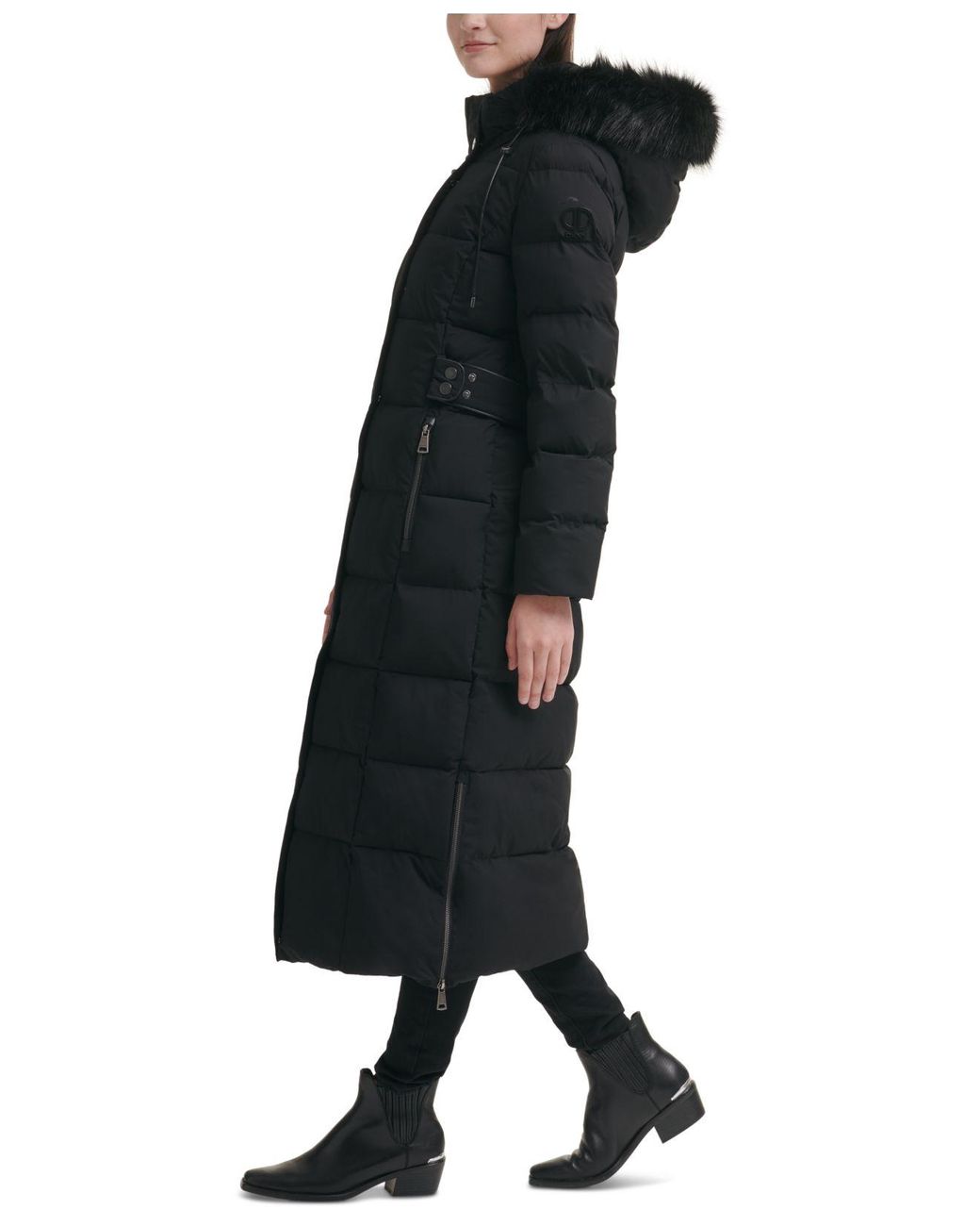 DKNY Stretch Faux-fur-trim Hooded Maxi Puffer Coat in Black
