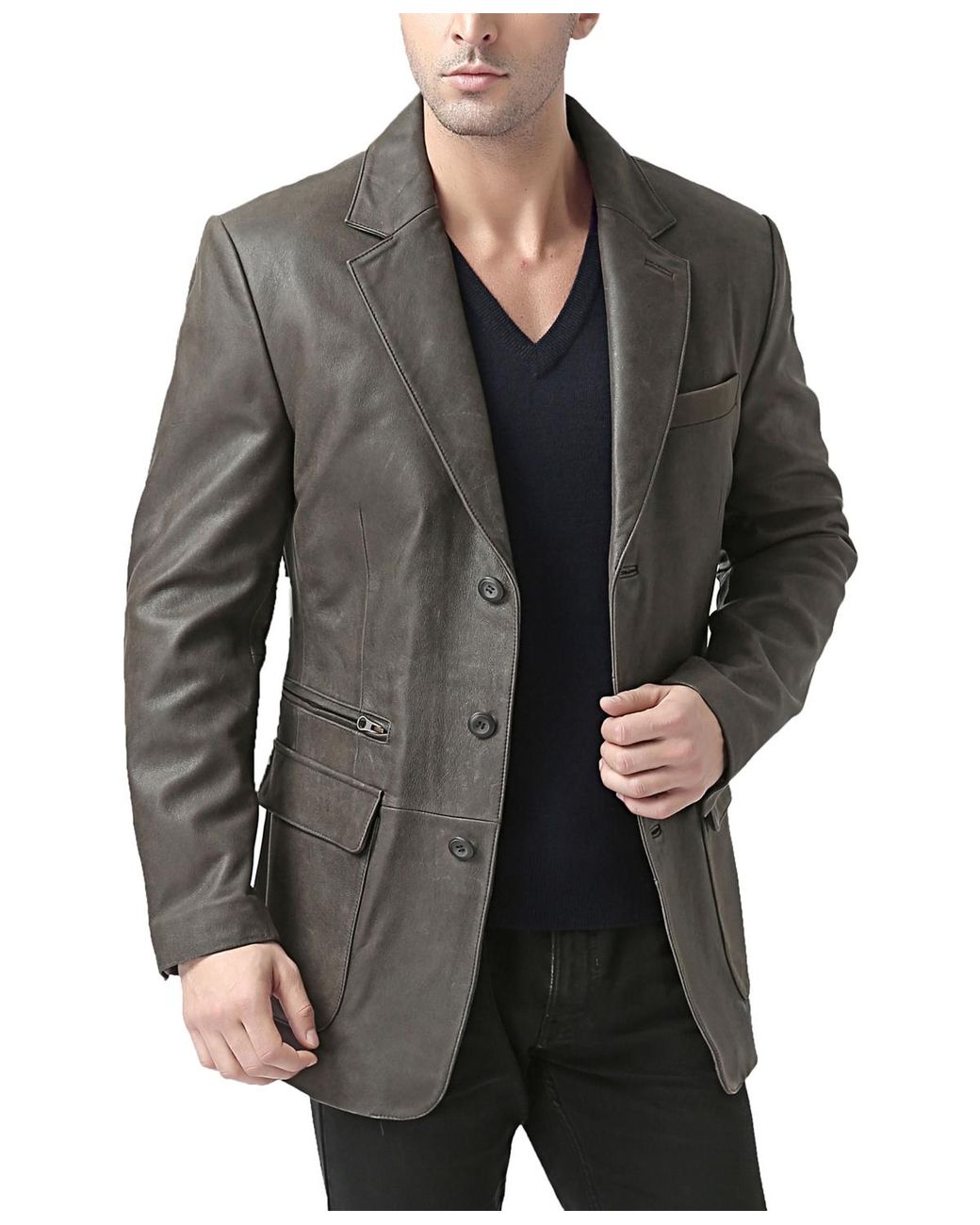 BGSD Gray Men Mark Three-button Distressed Leather Blazer for men