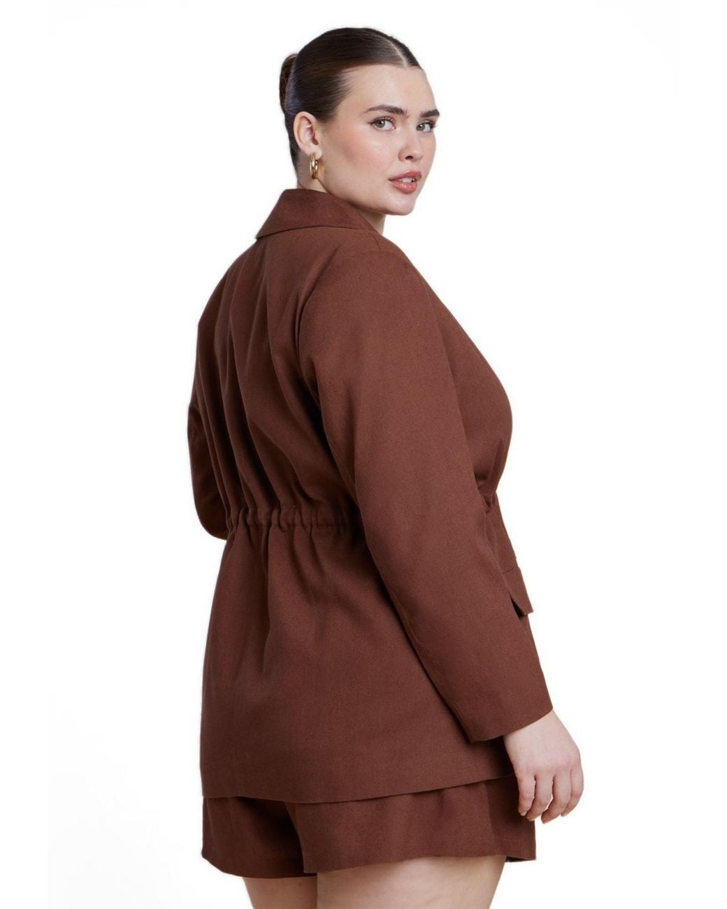 Eloquii Brown Drawstring Waist Linen Blazer