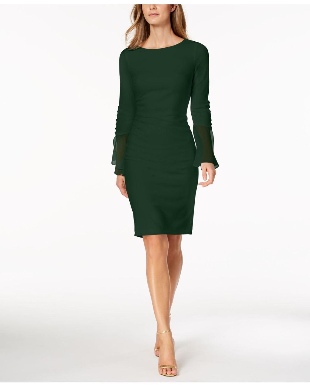 calvin klein long green dress Chiffon-bell-sleeve Sheath in Palestinian dress