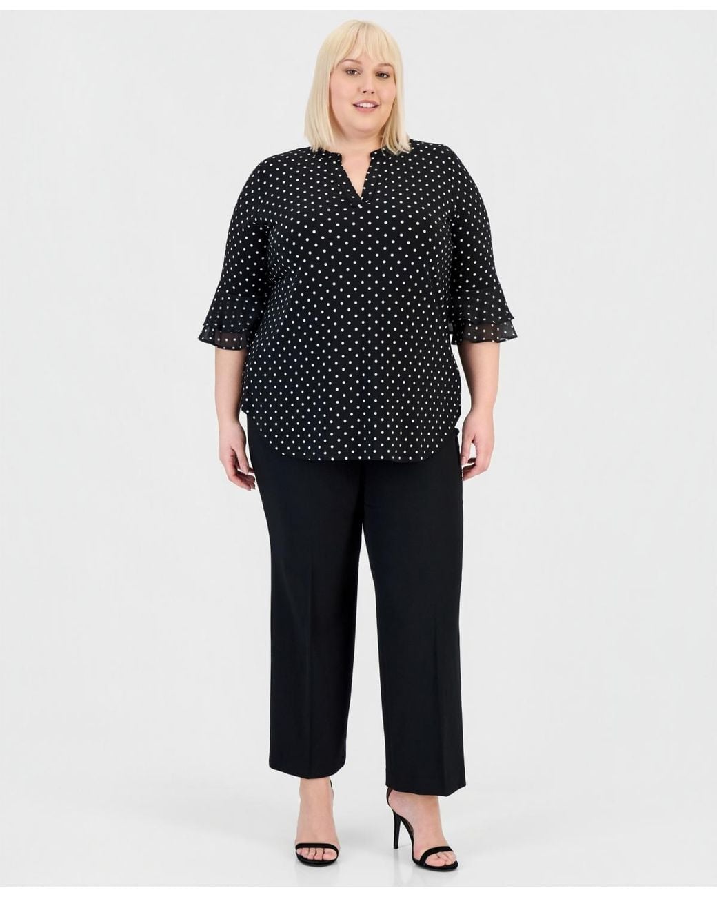 Kasper Black Plus Size Dot-print Flutter-sleeve Blouse