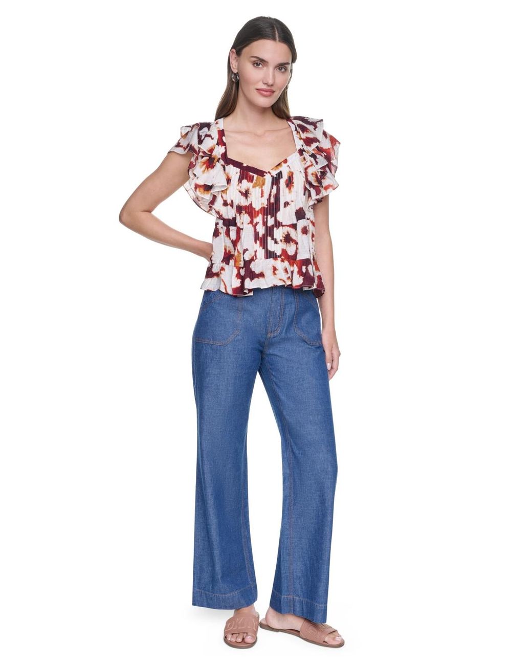DKNY Multicolor Printed Flutter-sleeve Pleated Blouse