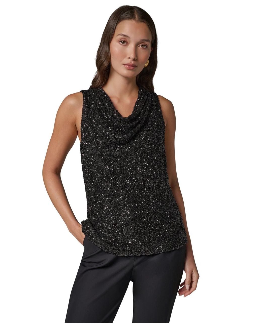 Donna Karan Black Sequin High Cowl Top