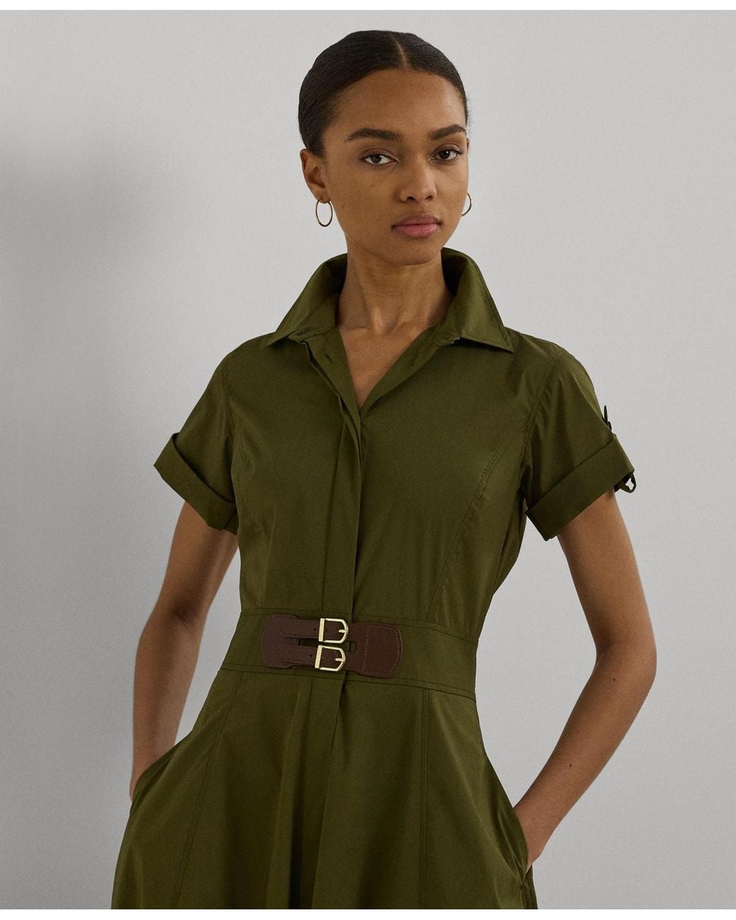 buckle trim stretch cotton blend dress Buckle-Trim Stretch-Cotton Blend Dress