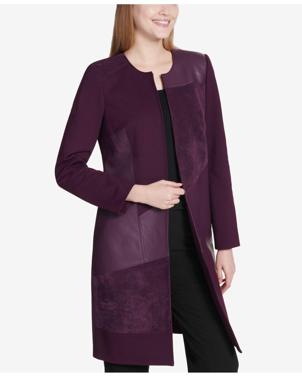 Calvin Klein Long Jacket W Suede Faux Leather aubergine Coat in Purple Lyst