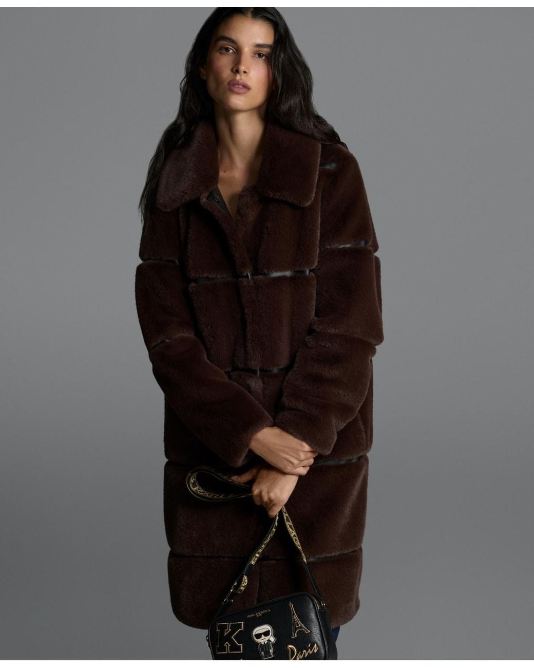 KARL LAGERFELD Faux-leather Trim Faux-fur Coat in Brown | Lyst