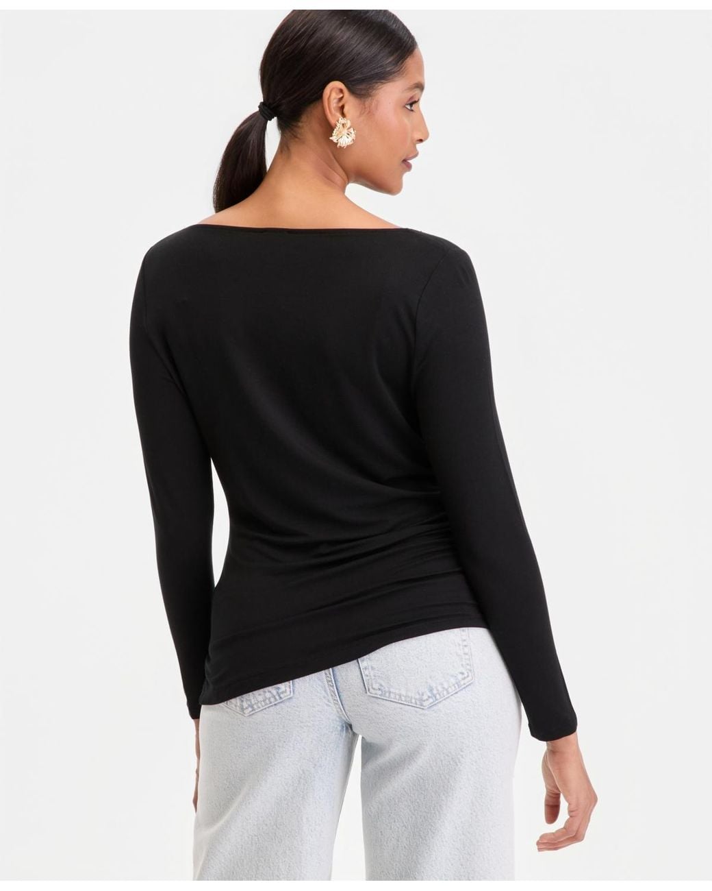 INC International Concepts Black Luxe-layering Jersey Boat-neck Long-sleeve Top