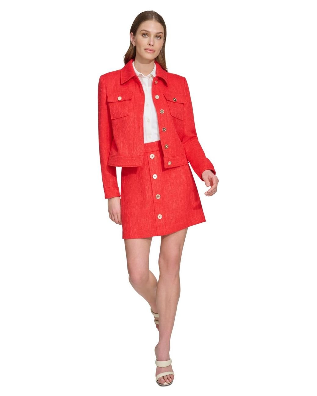 DKNY Cropped Long sleeve Tweed Blazer in Red Lyst