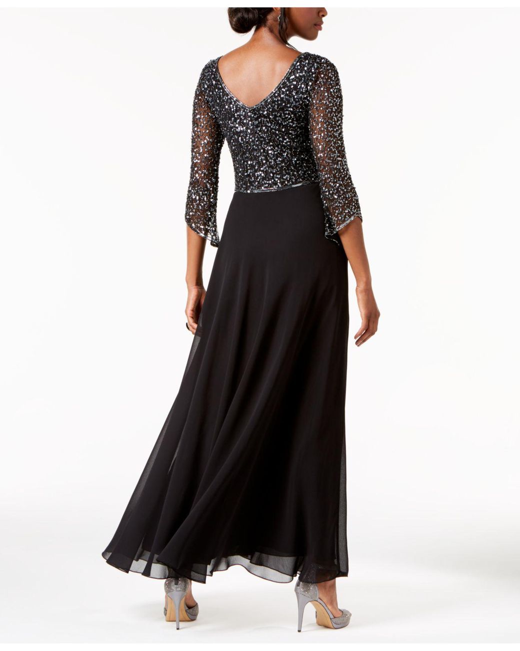 J Kara Embellished 3/4-sleeve Gown in Black | Lyst