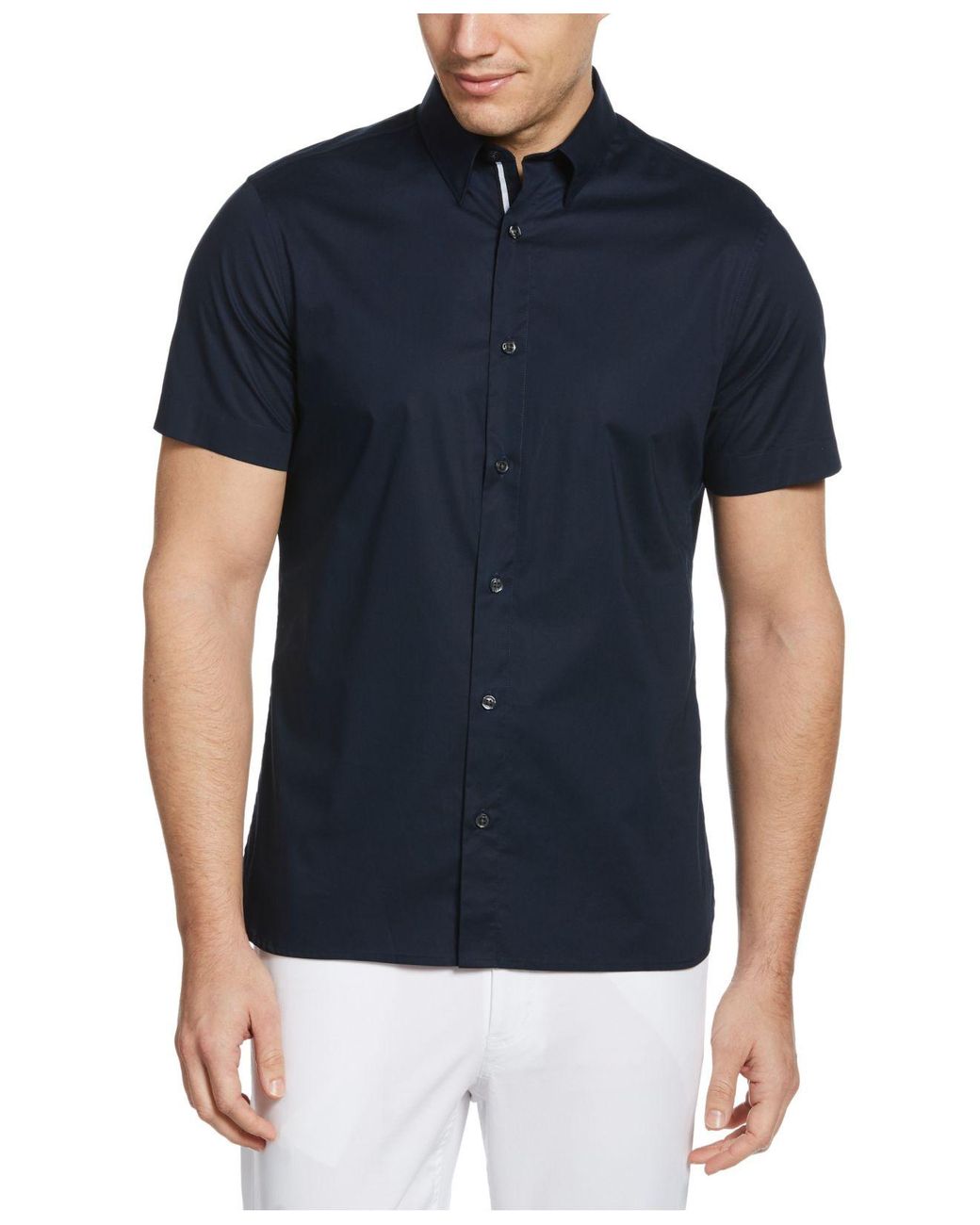 Perry Ellis Cotton Untucked Stretch Solid Poplin Short Sleeve Button ...