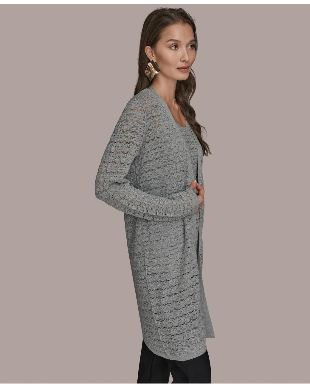Donna Karan Gray Long-sleeve Open Front Cardigan
