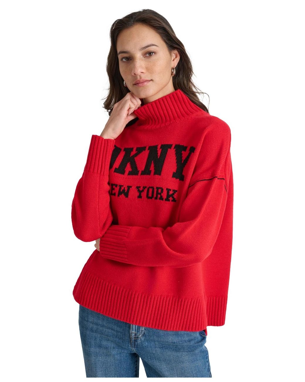 DKNY Intarsia Logo Turtleneck Sweater in Red Lyst