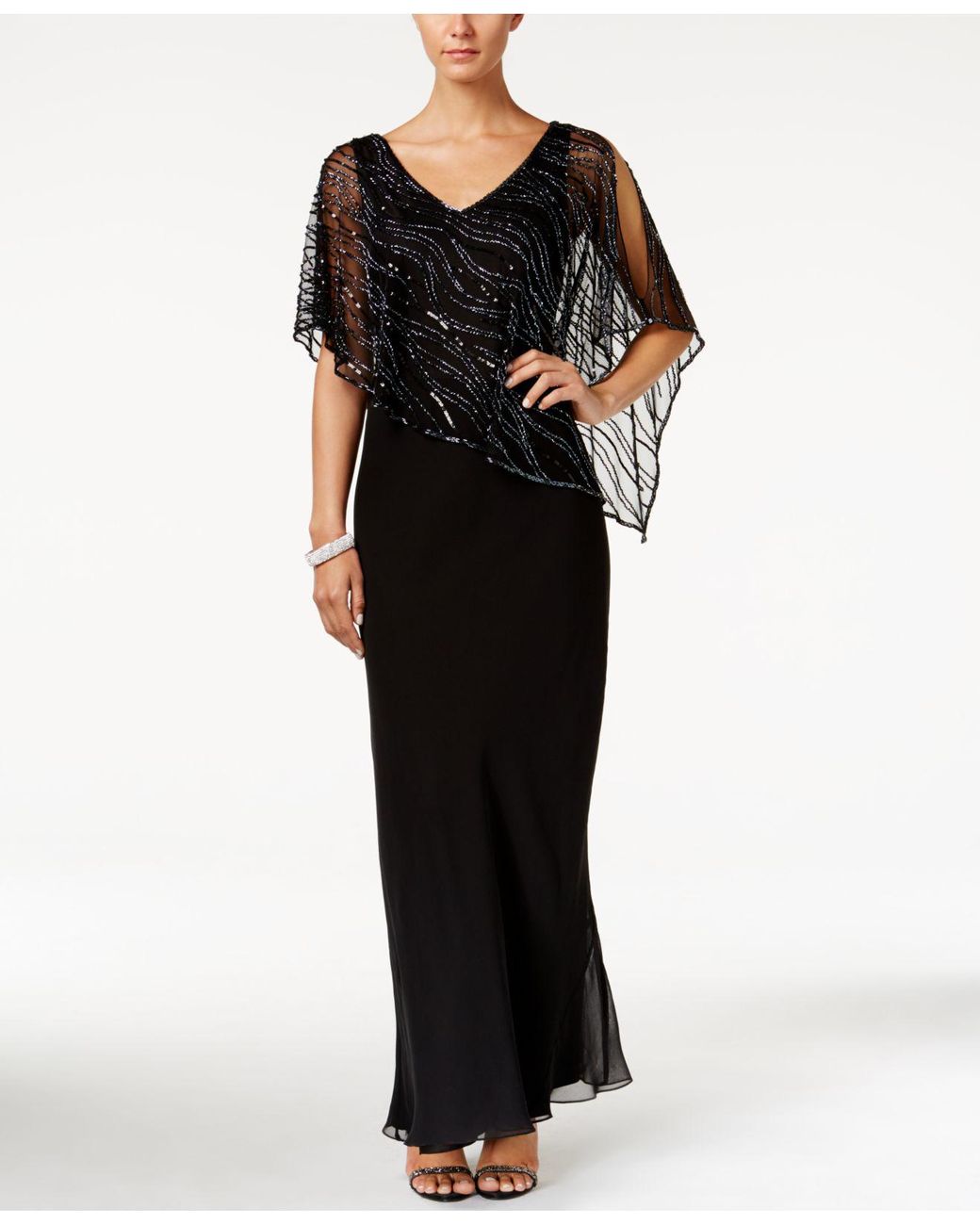 J Kara Embellished Illusion overlay Crepe Gown in Black Lyst
