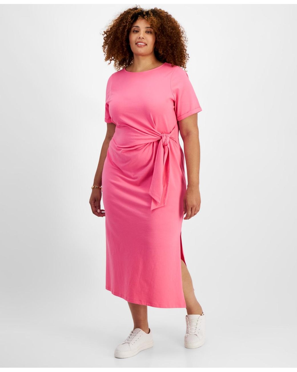 knee length dresses for ladies Pink Midi Dress With Side Button Accents | Purple Door main image 1