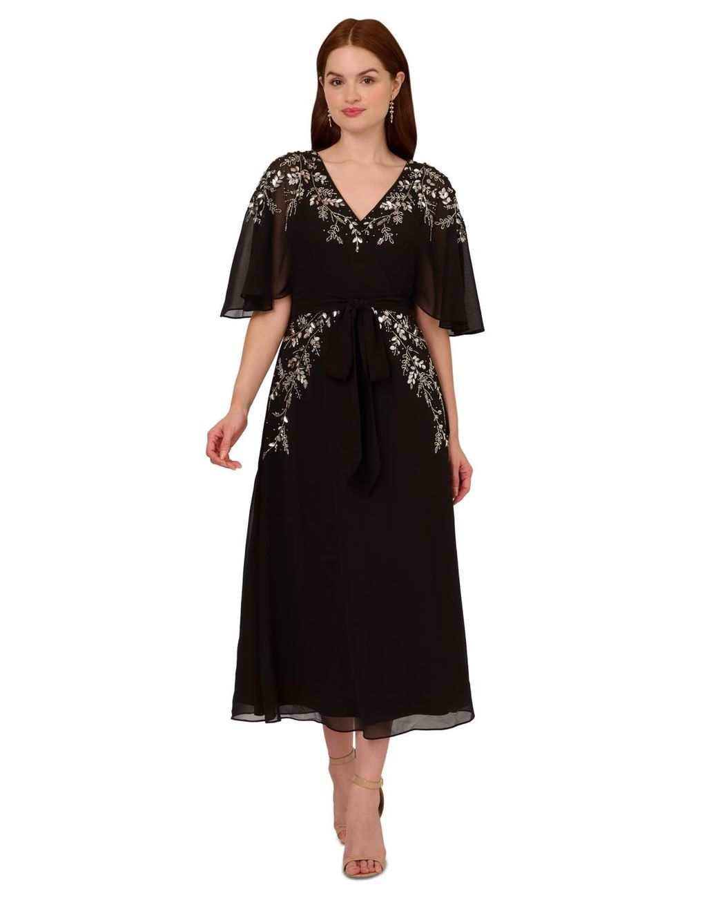 Adrianna Papell Beaded Chiffon Dolman-sleeve Dress in Black Adrianna Papell Beaded Chiffon Dolman-sleeve Dress in Black