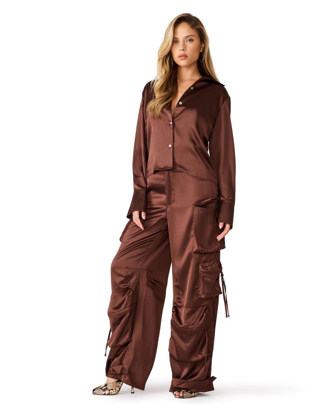 Steve Madden Brown Mare Long-sleeve Collared Blouse